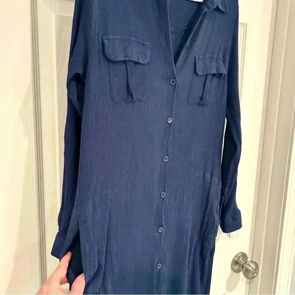 Soft Surrounding Dress Sz M Blue Button Up Collar Shirt Dress Belt Maxi Pockets - Picture 6 of 17